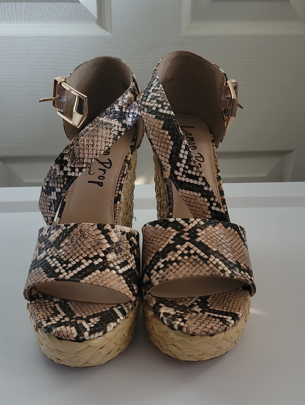 Neutral Snake-Print Platform Wedge Sandals with Gold Buckle Lemon Drop 8.5